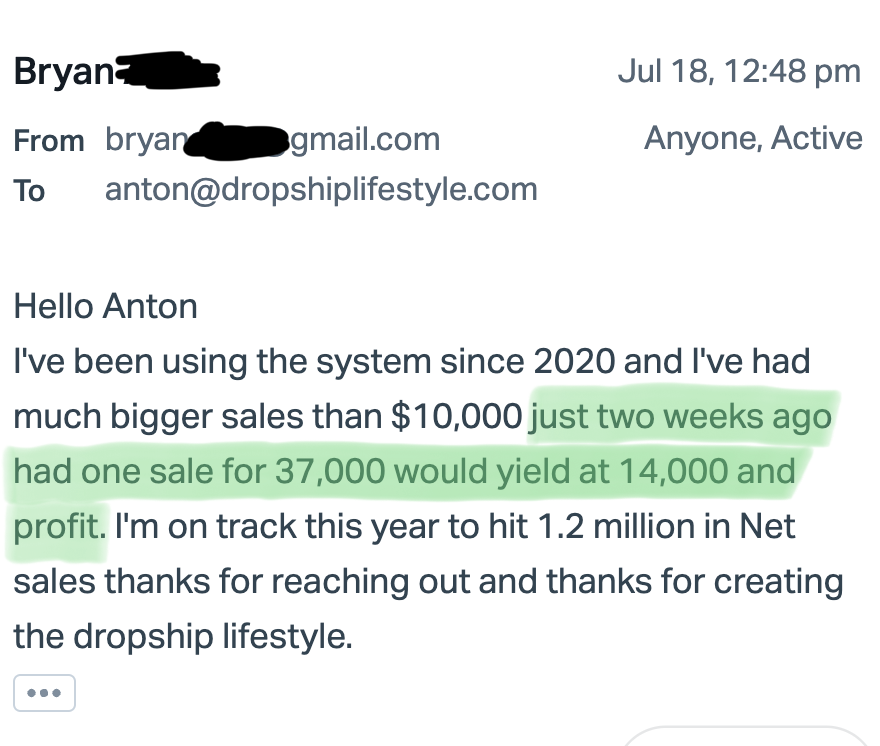 Original testimonial message from Bryan