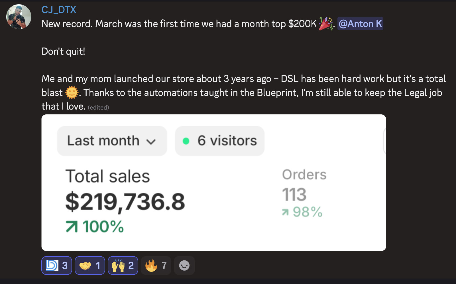 Original testimonial post from CJ