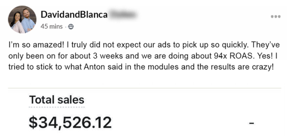 Original testimonial post from David and Blanca