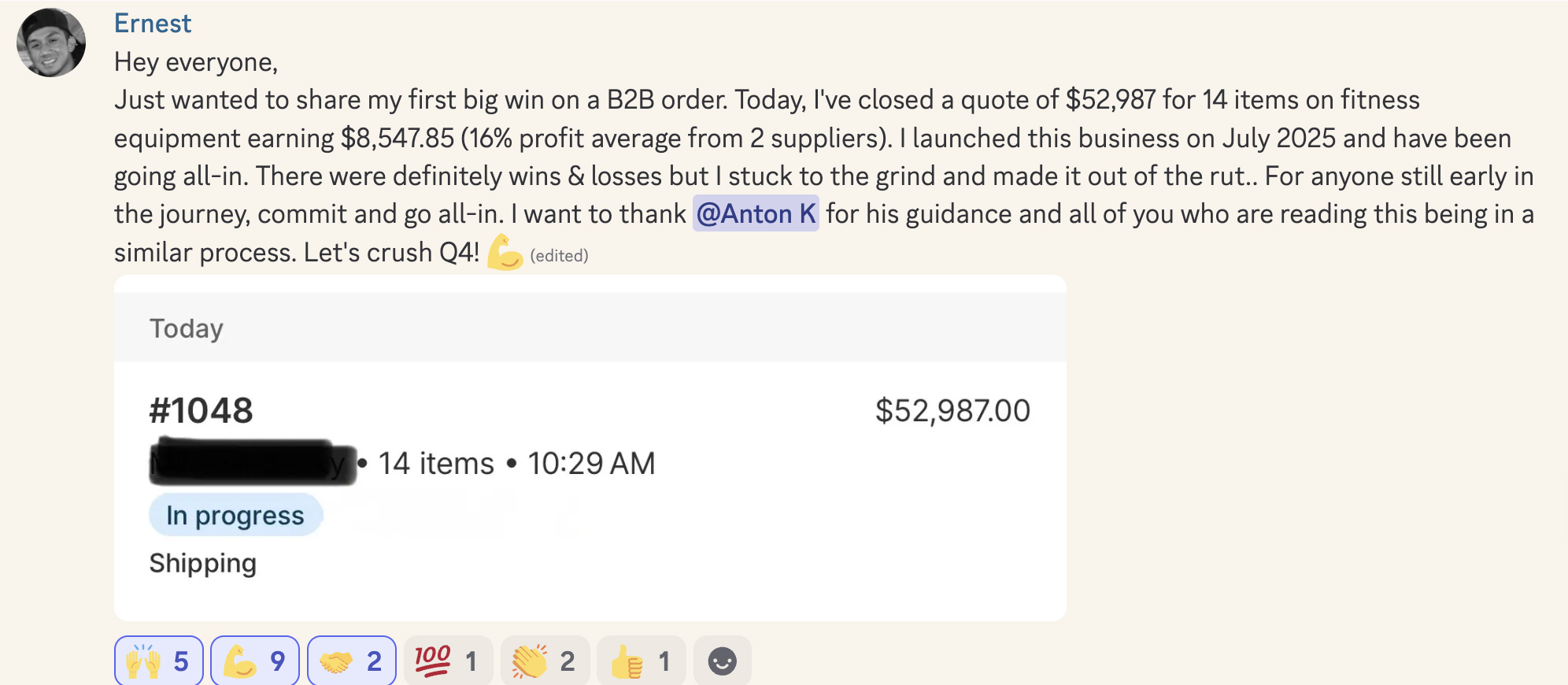 Original testimonial post from Ernest